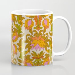 Orange, Pink Flowers and Green Leaves 1960s Retro Vintage Pattern Mug