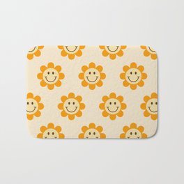 70s Retro Smiley Floral Face Pattern in yellow and beige Bath Mat