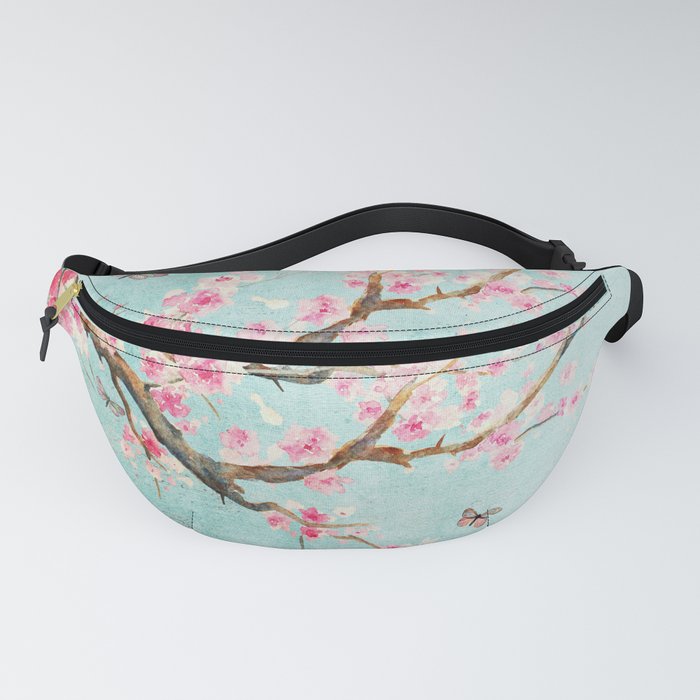 Its All Over Again - Romantic Spring Cherry Blossom Butterfly Illustration on Teal Watercolor Fanny Pack