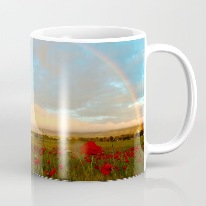 Red poppy fields of Tuscany with rainbow after storm color photographic art print photography / photography for kitchen, dining room, home and wall decor Coffee Mug