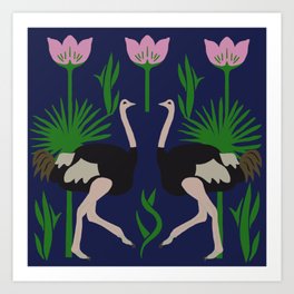 Ostrich & Palms -Navy Art Print