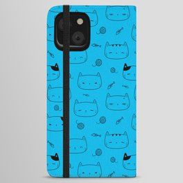 Turquoise and Black Doodle Kitten Faces Pattern iPhone Wallet Case