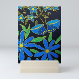 Blue Butterfly & Flowers on Black Mini Art Print