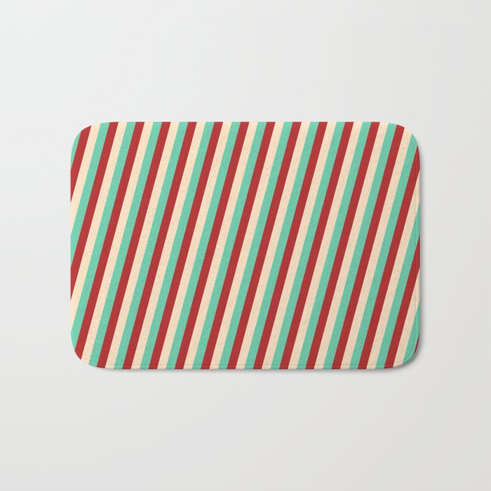 Red, Bisque, and Aquamarine Colored Lines/Stripes Pattern Bath Mat