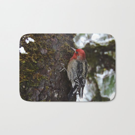 Red-Breasted Sapsucker in Christmas Snow Bath Mat