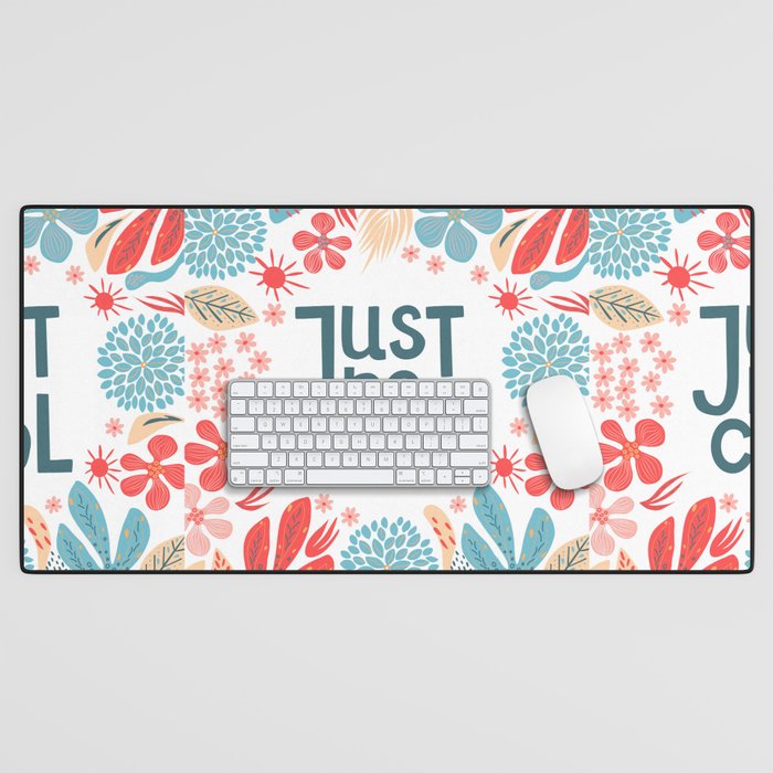 Postcard, just be cool, motivating quote, lettering, frame from abstract flowers, white background, hand drawn, texture, vintage illustration Desk Mat