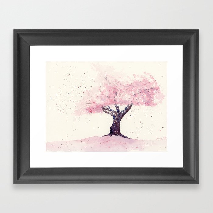 Spring in Pink , Cherry Blossm, Art Watercolor Painting by Suisai Genki  Framed Art Print