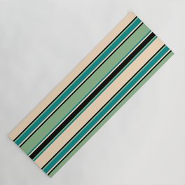 [ Thumbnail: Dark Sea Green, Dark Cyan, Bisque, and Black Colored Striped Pattern Yoga Mat ]