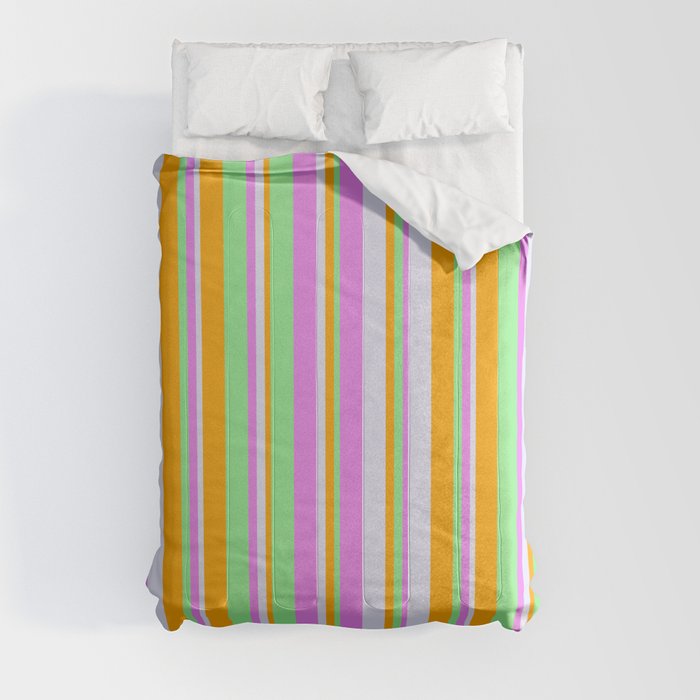 Light Green, Orange, Lavender, and Violet Colored Striped/Lined Pattern Comforter