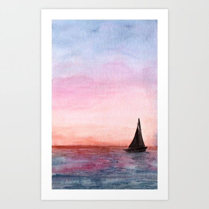 Sailboat At Sunset Watercolor Art Boat Silhouette Painting