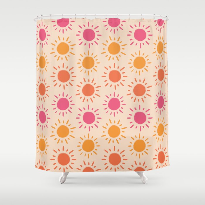 Groovy Retro Sun Pattern - Tan Orange Pink Shower Curtain