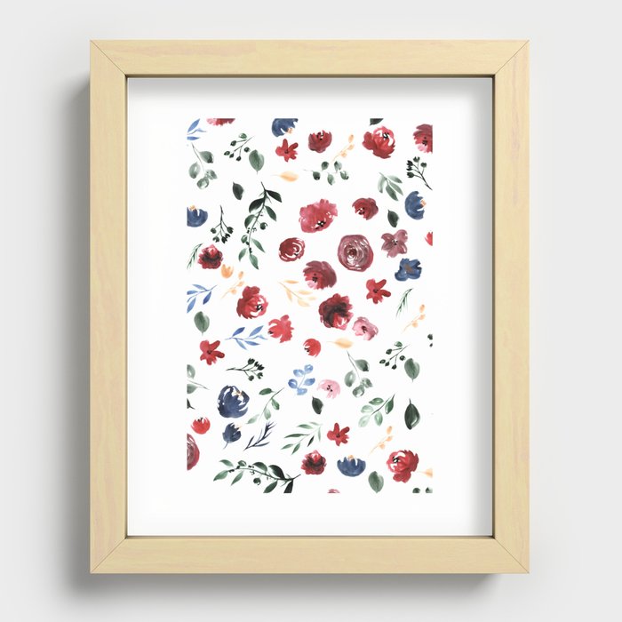 Elegant winter fall red blue burgundy floral watercolor pattern Recessed Framed Print