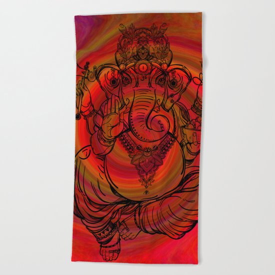 Lord Ganesha on Red Spiral Beach Towel