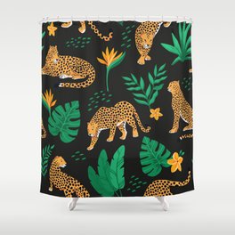 Vintage pattern with leopards and tropical leaves on the black background.  Shower Curtain