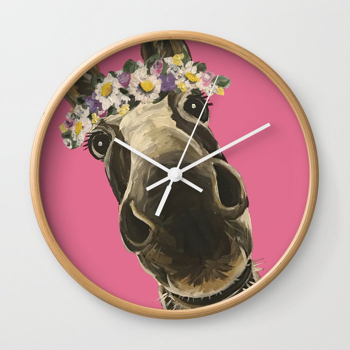 Pink Donkey Art Flower Crown Donkey Art Wall Clock By Leekeller