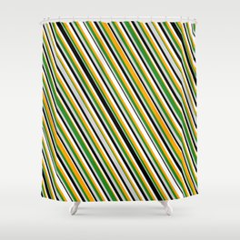 [ Thumbnail: Orange, Forest Green, Light Grey, Black & White Colored Striped Pattern Shower Curtain ]