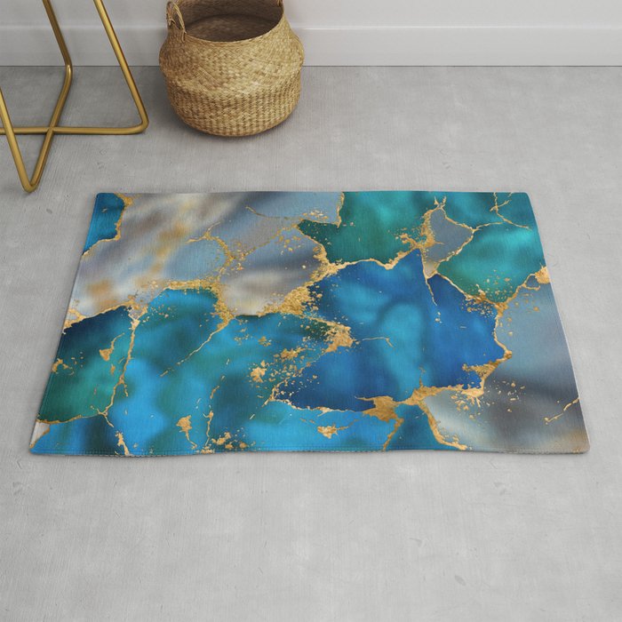 Dreamy Ocean Blue and Gold Rug