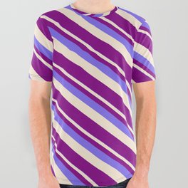 [ Thumbnail: Medium Slate Blue, Beige & Purple Colored Stripes/Lines Pattern All Over Graphic Tee ]
