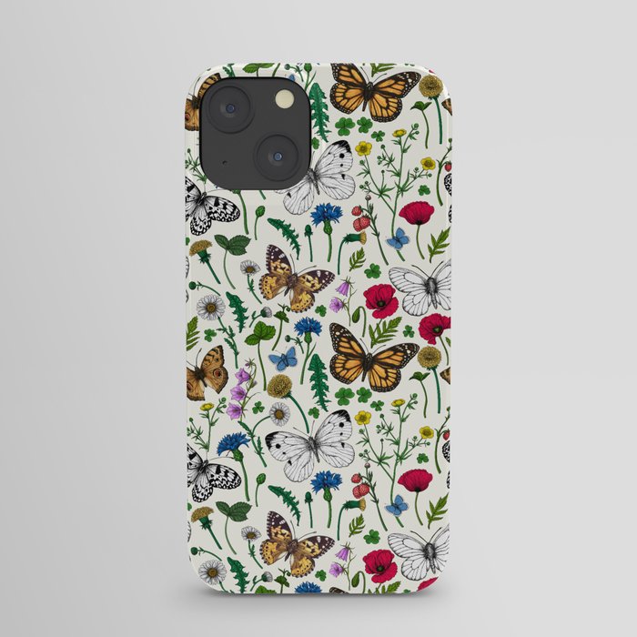 Wild flowers and butterflies on off white iPhone Case