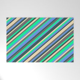 [ Thumbnail: Vibrant Tan, Dim Gray, Green, Cornflower Blue, and Dark Slate Gray Colored Lines/Stripes Pattern Welcome Mat ]