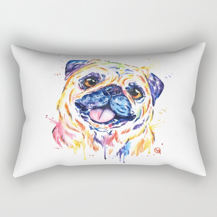 Fawn Pug Colorful Watercolor Pet Portrait Painting Rectangular Pillow