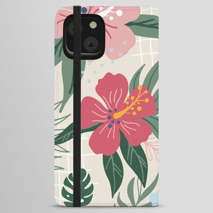 Spring Tropical Red Pink and Blue  Hibiscus Garden With Different Green Leaves iPhone Wallet Case