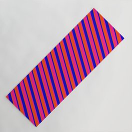 [ Thumbnail: Red, Deep Pink & Blue Colored Pattern of Stripes Yoga Mat ]