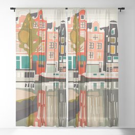 Amsterdam 1 Sheer Curtain | Town, Illustration, Bold, Watercolor, Graphicdesign, Europe, Oil, Digital, Houses, River 