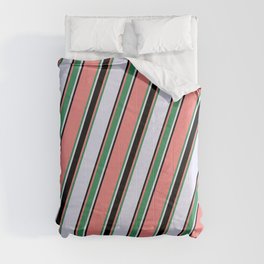 [ Thumbnail: Light Coral, Sea Green, Lavender & Black Colored Lined Pattern Comforter ]