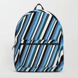 [ Thumbnail: Eyecatching Blue, Sky Blue, Dark Slate Gray, White, and Black Colored Stripes Pattern Backpack ]