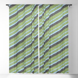 [ Thumbnail: Green, Light Sky Blue, and Black Colored Lined/Striped Pattern Sheer Curtain ]