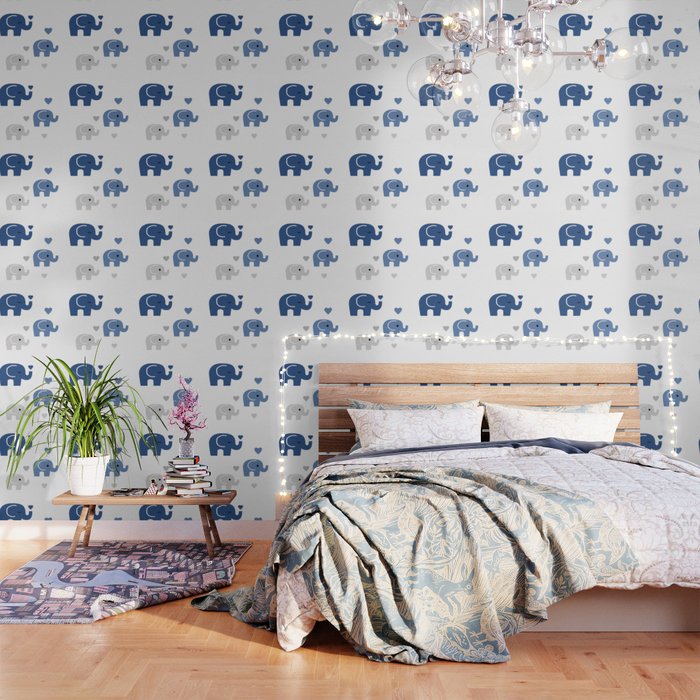 Navy Blue Elephant Baby Nursery Wallpaper by decampstudios Society6