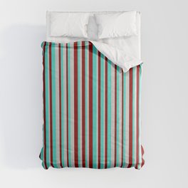 [ Thumbnail: Turquoise, Dark Red, and Light Grey Colored Pattern of Stripes Comforter ]