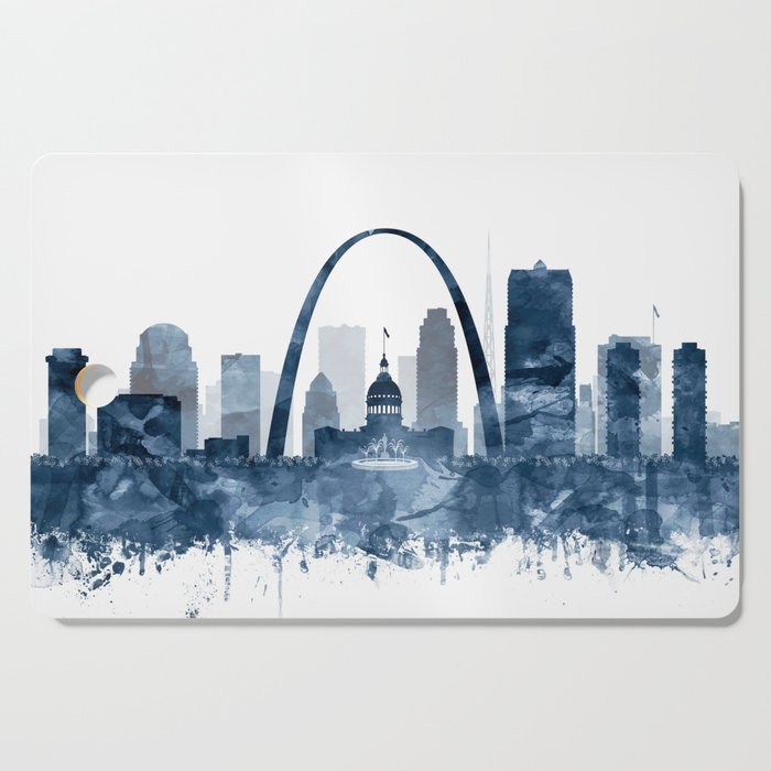 St Louis Skyline Watercolor Navy Blue by Zouzounio Art Cutting Board
