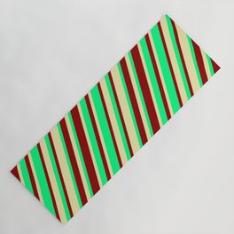 [ Thumbnail: Green, Dark Red & Pale Goldenrod Colored Stripes Pattern Yoga Mat ]