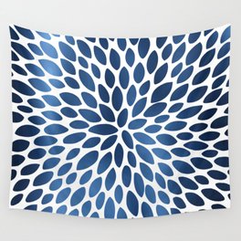 Floral Bloom, Dark Blue on White Wall Tapestry