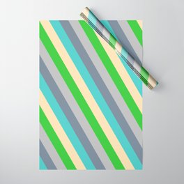 [ Thumbnail: Eyecatching Grey, Light Slate Gray, Turquoise, Beige & Lime Green Colored Stripes/Lines Pattern Wrapping Paper ]