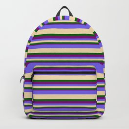 [ Thumbnail: Medium Slate Blue, Tan, Dark Green & Purple Colored Pattern of Stripes Backpack ]