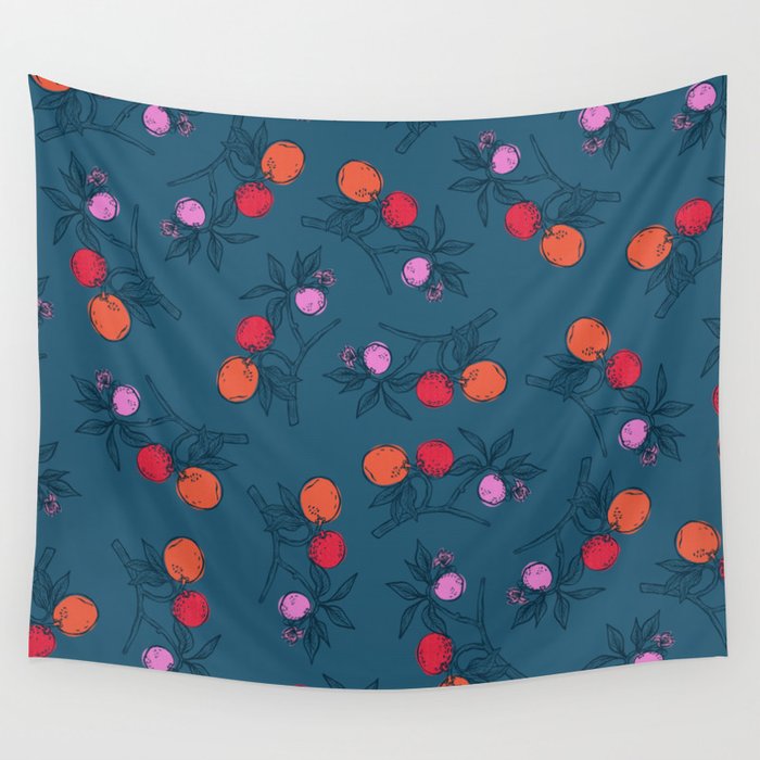 Orange Branches Pattern, Teal Wall Tapestry