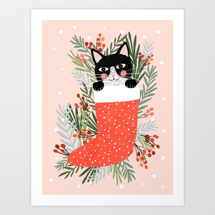 Cat on a sock. Holiday. Christmas Art Print