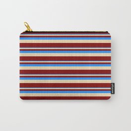[ Thumbnail: Blue, Tan, and Maroon Colored Lined Pattern Carry-All Pouch ]