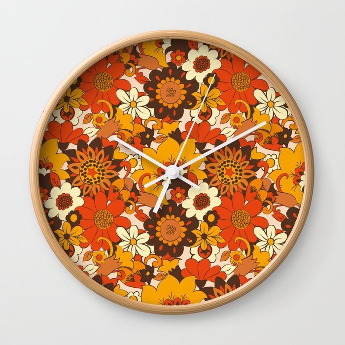 Retro 70s Flower Power, Floral, Orange Brown Yellow Psychedelic Pattern Wall Clock