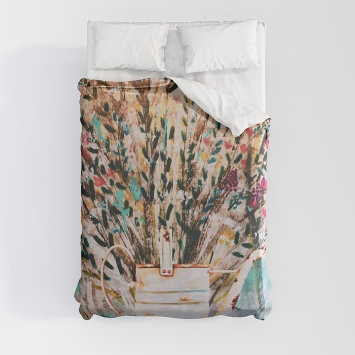 Vintage Watering Can and Wildflowers Duvet Cover