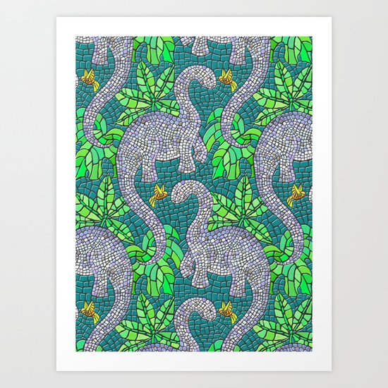 Mosaic Dinosaurs and Hummingbirds Art Print