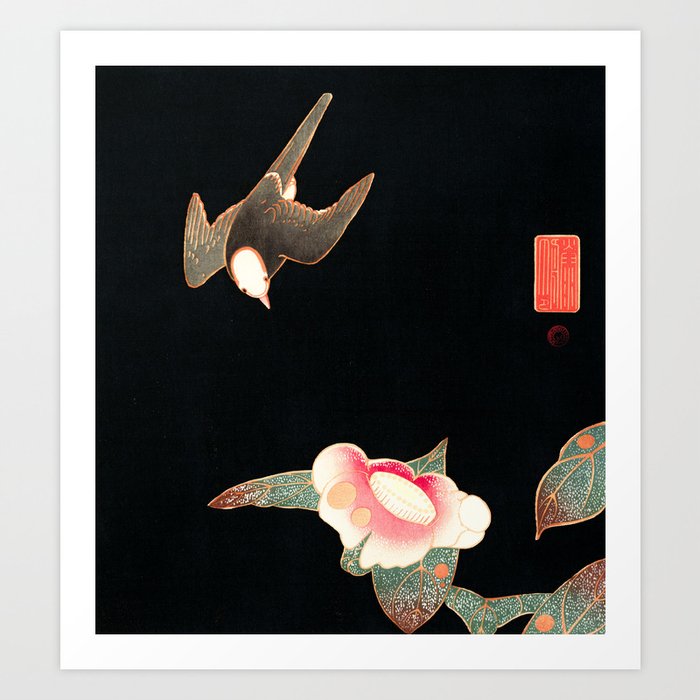 Japanese Woodblock - Swallow and Camellia Art Print