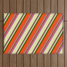 [ Thumbnail: Orchid, Pale Goldenrod, Dark Green, and Red Colored Striped/Lined Pattern Outdoor Rug ]