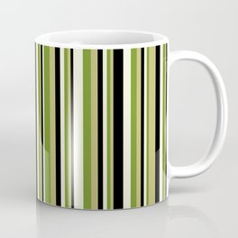[ Thumbnail: Dark Khaki, Green, Beige, and Black Colored Lined Pattern Coffee Mug ]