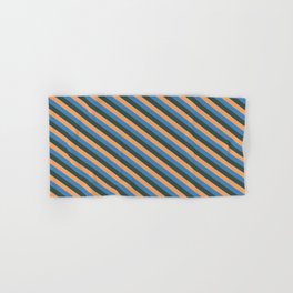 [ Thumbnail: Blue, Dark Slate Gray, and Brown Colored Lined Pattern Hand & Bath Towel ]