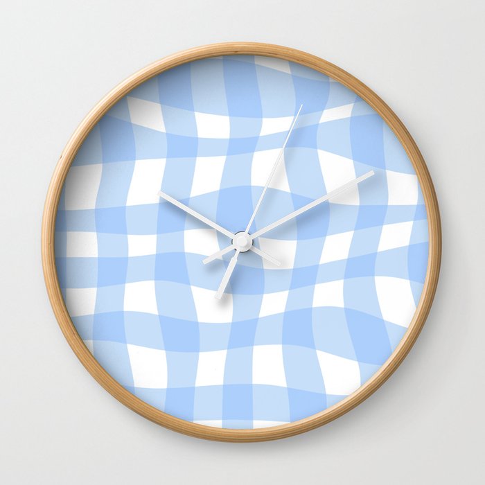 Warped Checkered Gingham Pattern (sky blue/white) Wall Clock
