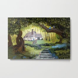Enchanted Forest Cottage Metal Print | House, Woods, Trees, Painting, Elf, Garden, Flowerlinedpath, Pond, Whimsical, Dragonflies 